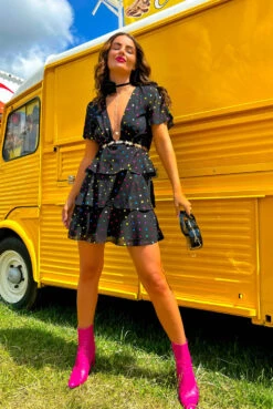 New Arrival 17 Save Your Tiers - Black Multi Foil Spot Tiered Frill Mini Dress