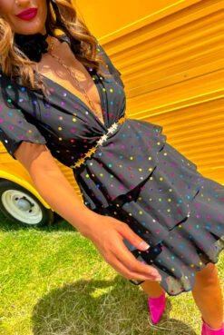 New Arrival -Fashion Clothing Store Save Your Tiers Black Multi Foil Spot Tiered Frill Mini Dress