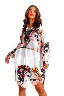 Say It To My Face - White Face Motif Midi Shirt Dress