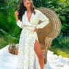 She Could Be The One - White Gold Feather Print Maxi Dress