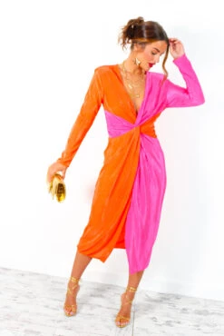 She Is The Moment - Pink Orange Twist Front Plisse Midi Dress -Fashion Clothing Store SheIsTheMoment PinkOrangeTwistFrontPlisseMidiDress 3