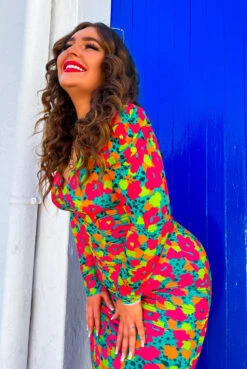 Shes A Diamond - Green Multi Floral Diamond Ruched Midi Dress 12 Shes A Diamond - Green Multi Floral Diamond Ruched Midi Dress -Fashion Clothing Store She s A Diamond Green Multi Floral Diamond Ruched Midi Dress