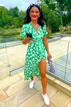 Shes Cute - Green Leopard Print Midi Dress