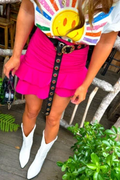 Shes Frilling - Fuchsia Ruched Ruffle Mini Skirt -Fashion Clothing Store She s Frilling Fuchsia Ruched Ruffle Mini Skirt AND All Smiles Here White Multi Smiley Oversized T Shirt 4 1