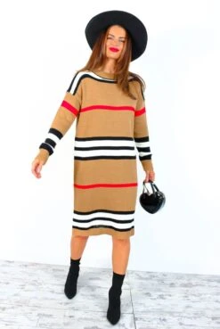 Catwalk Shes A Real One - Camel Monochrome Red Stripe Knitted Midi Dress