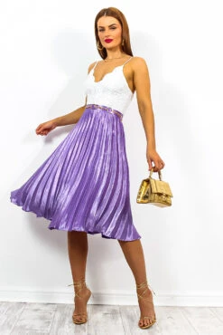 Shes A Runaway - Lilac Shimmer Pleated Midi Skirt