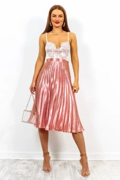 Shes A Runaway - Pink Shimmer Pleated Midi Skirt -Fashion Clothing Store She sARunaway PinkShimmerPleatedMidiSkirt1 1