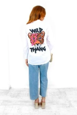 Shes A Wild Thing - White Leopard Graphic Print Cropped Shirt