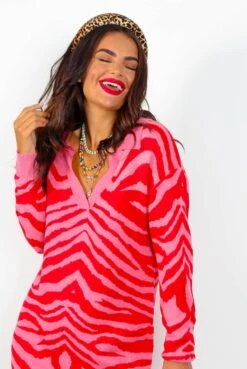 Shes Fierce - Pink Red Zebra Knitted Jumper Dress -Fashion Clothing Store She sFierce PinkRedZebraKnittedJumperDress 3