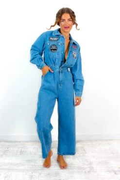 Shes Hard Work - Blue Wide Leg Denim Jumpsuit