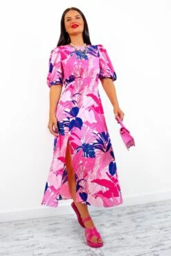 Shes So Vain - Pink Navy Tropical Midi Dress