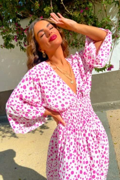 Shirred Time Lucky - White Pink Spot Shirred Waist Maxi Dress -Fashion Clothing Store Shirred Time Lucky White Pink Spot Shirred Waist Maxi Dress