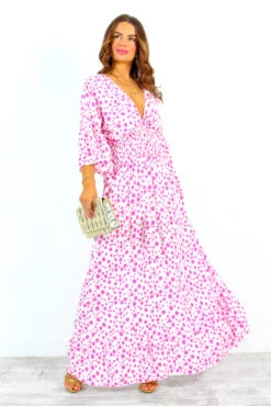 Shirred Time Lucky - White Pink Spot Shirred Waist Maxi Dress -Fashion Clothing Store ShirredTimeLucky WhitePinkSpotShirredWaistMidiDress 2