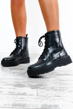 Show Stomper - Black Croc Print Chunky Boots -Fashion Clothing Store ShowStomper BlackCrocPrintChunkyBoots 3 3DC