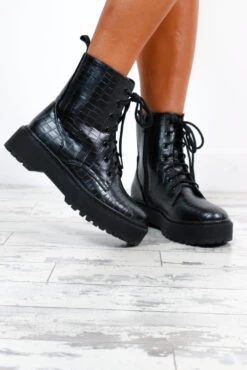 Show Stomper - Black Croc Print Chunky Boots -Fashion Clothing Store ShowStomper BlackCrocPrintChunkyBoots 4 3DC