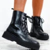 Show Stomper - Black Croc Print Chunky Boots