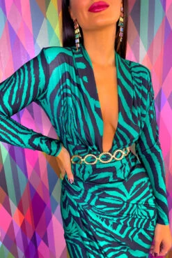 Simple And Elegant - Emerald Zebra Print Midi Dress