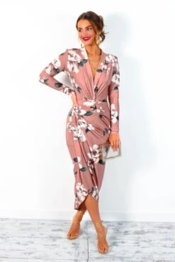 Simple And Elegant - Nude Floral Long Sleeve Midi Dress
