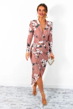 Simple And Elegant - Nude Floral Long Sleeve Midi Dress -Fashion Clothing Store SimpleAndElegant NudeFloralLongSleeveMidiDress 3