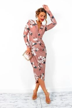 Simple And Elegant - Nude Floral Long Sleeve Midi Dress -Fashion Clothing Store SimpleAndElegant NudeFloralLongSleeveMidiDress 6