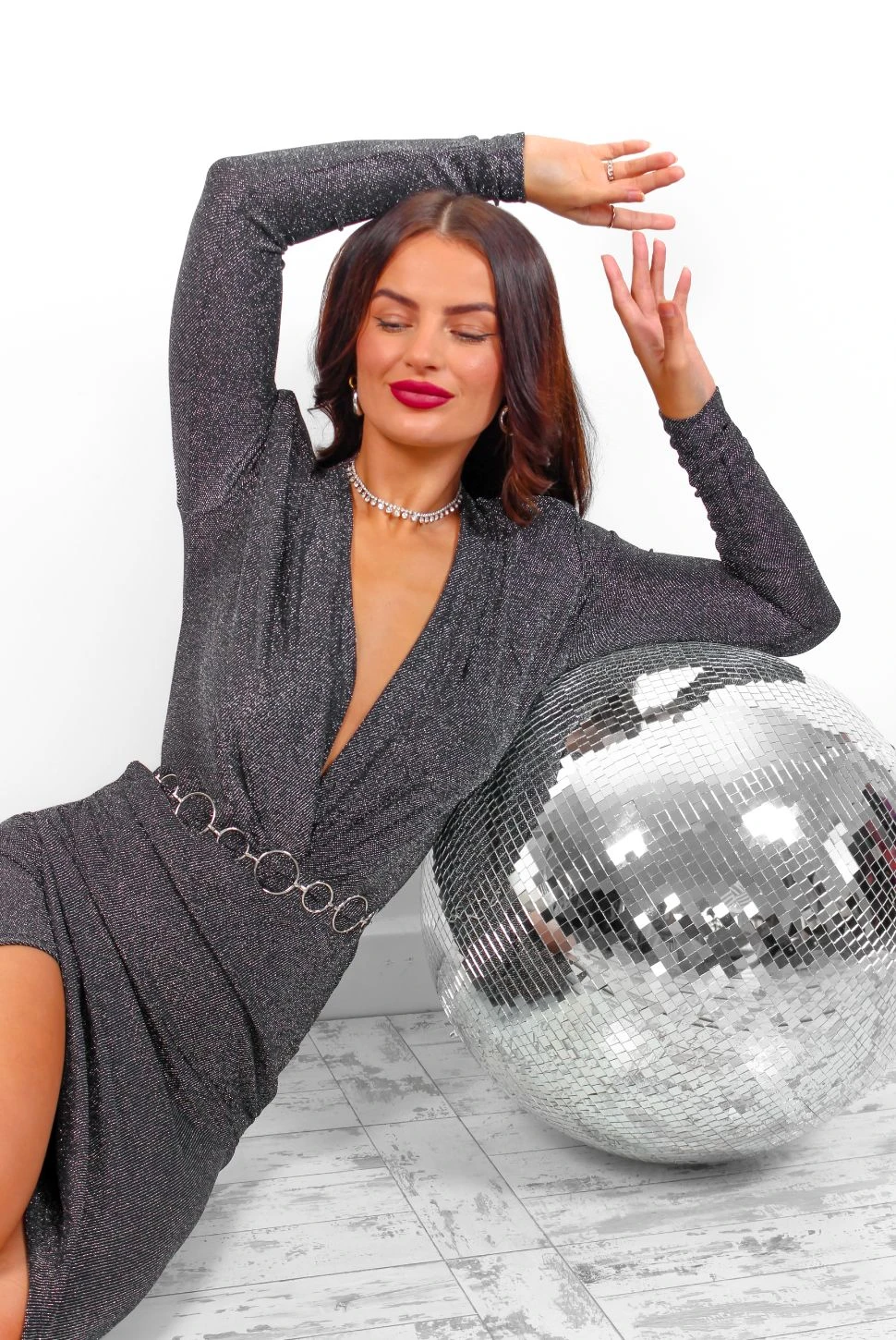 Simple And Elegant - Silver Glitter Long Sleeve Midi Dress 2 Simple And Elegant - Silver Glitter Long Sleeve Midi Dress - Image 2