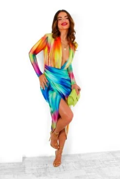 Simple And Elegant - Yellow Multi Bodycon Midi Dress -Fashion Clothing Store SimpleAndElegant YellowMultiBodyconMidiDress 1