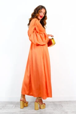 Sleeve An Impression - Orange Ruched Sleeve Plunge Maxi Dress -Fashion Clothing Store SleeveAnImpression OrangeRuchedSleevePlungeMaxiDress 2