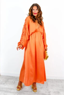 Sleeve An Impression - Orange Ruched Sleeve Plunge Maxi Dress