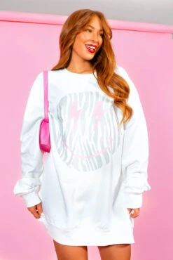 Smile Like You Mean It - White Grey Zebra Smiley Print Sweatshirt