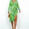 Social Climber - Green Multi Leaf Print Midi Wrap Dress