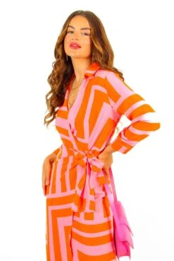 Social Climber - Pink Orange Geometric Print Midi Wrap Dress -Fashion Clothing Store SocialClimber PinkOrangeGeometricPrintMidiWrapDress 5