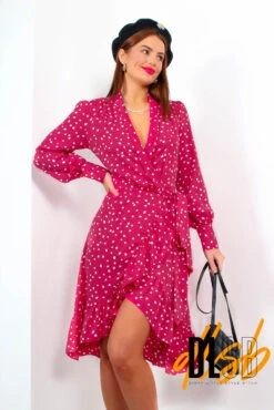 Some Like It Dot - Raspberry Polka Dot Midi Wrap Dress -Fashion Clothing Store SomeLikeItDot RaspberryPolkaDotMidiWrapDress3