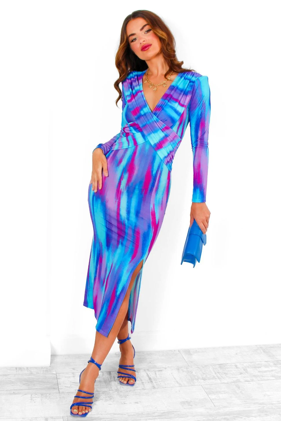 Something Special - Blue Purple Abstract Plunge Midi Dress 2 Something Special - Blue Purple Abstract Plunge Midi Dress - Image 2