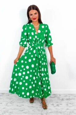 Spot Me - Green Polka Dot Pleated Midi Dress -Fashion Clothing Store SpotMe GreenPolkaDotPleatedMidiDress 3 1