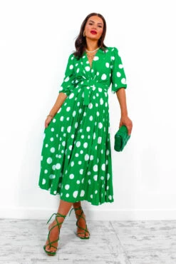 Spot Me - Green Polka Dot Pleated Midi Dress -Fashion Clothing Store SpotMe GreenPolkaDotPleatedMidiDress 4