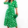 Spot Me - Green Polka Dot Pleated Midi Dress