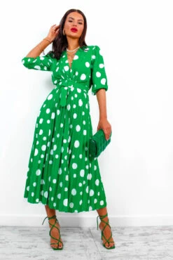 Spot Me - Green Polka Dot Pleated Midi Dress