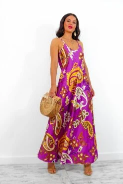 Spring Break - Purple Gold Paisley Print Maxi Slip Dress -Fashion Clothing Store SpringBreak PurpleGoldPaisleyPrintMaxiSlipDress1