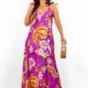 Spring Break - Purple Gold Paisley Print Maxi Slip Dress