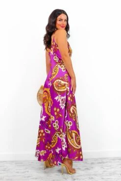 Spring Break - Purple Gold Paisley Print Maxi Slip Dress -Fashion Clothing Store SpringBreak PurpleGoldPaisleyPrintMaxiSlipDress6