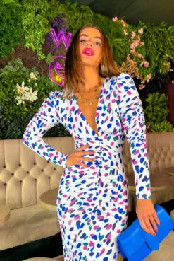 Stay A While - White Multi Spot Ruched Midi Dress