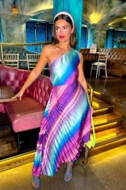 Stay Classy - Multi Pastel Ombre One Shoulder Midi Dress