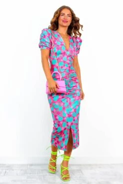 Stay A While - Green Pink Floral Short Sleeved Midi Dress -Fashion Clothing Store StayAWhile GreenPinkFloralShortSleevedMidiDress 2