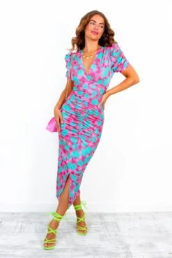 Stay A While - Green Pink Floral Short Sleeved Midi Dress -Fashion Clothing Store StayAWhile GreenPinkFloralShortSleevedMidiDress 3