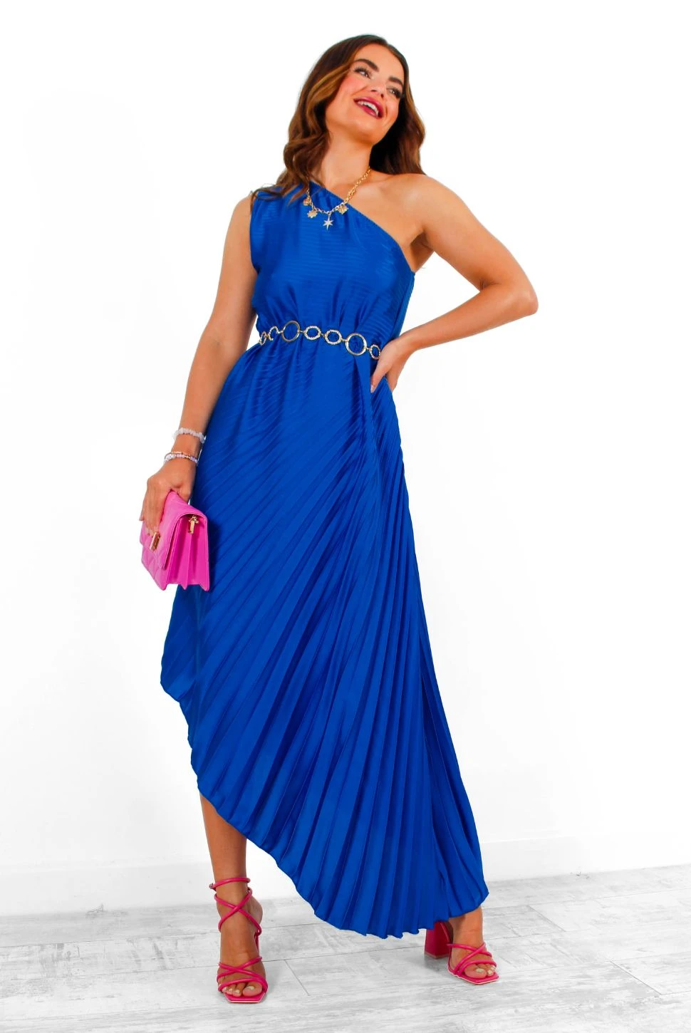 Stay Classy - Cobalt One Shoulder Satin Pleated Midi Dress 2 Stay Classy - Cobalt One Shoulder Satin Pleated Midi Dress - Image 2