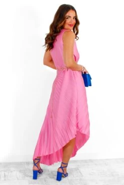 Stay Classy - Pink One Shoulder Satin Pleated Midi Dress -Fashion Clothing Store StayClassy PinkOneShoulderSatinPleatedMidiDress 1