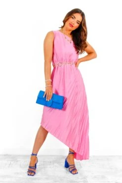 Stay Classy - Pink One Shoulder Satin Pleated Midi Dress -Fashion Clothing Store StayClassy PinkOneShoulderSatinPleatedMidiDress 5