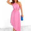 Stay Classy - Pink One Shoulder Satin Pleated Midi Dress