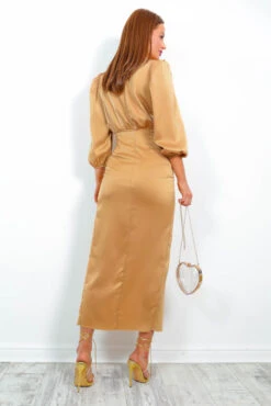 Steal Your Heart - Gold Satin Midi Dress -Fashion Clothing Store StealYourHeart GoldSatinMidiDress1