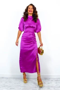 Stole My Heart - Plum Satin Ruched Midi Dress -Fashion Clothing Store StoleMyHeart PlumSatinRuchedMidiDress 2